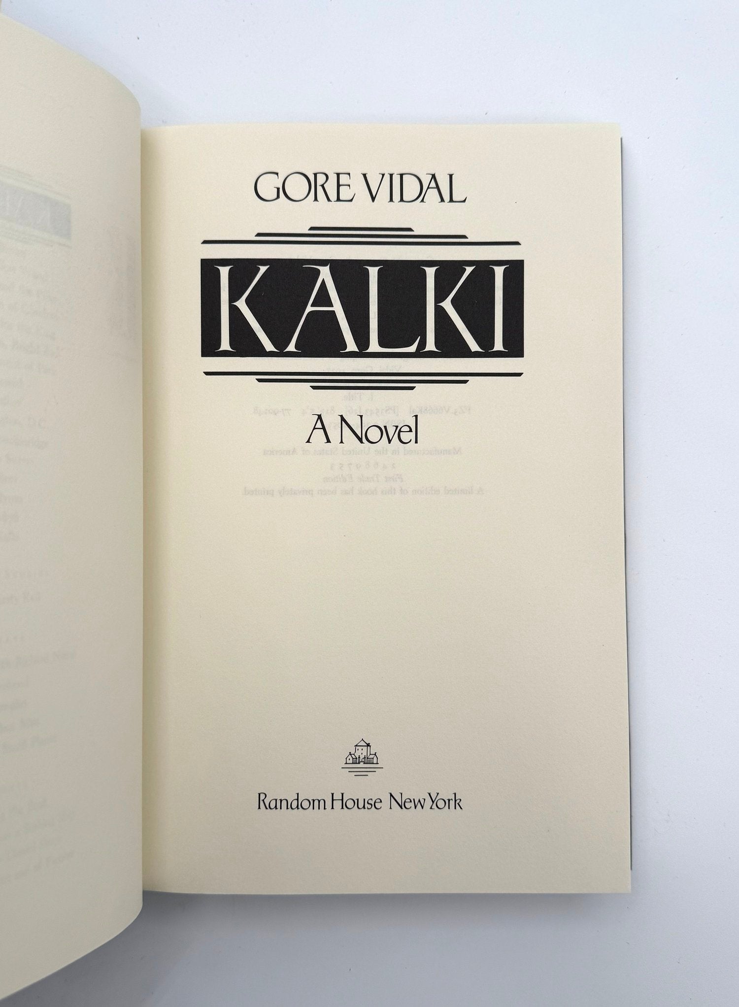 Open book displaying the cover of 'Kalki' by Gore Vidal with Random House New York logo.