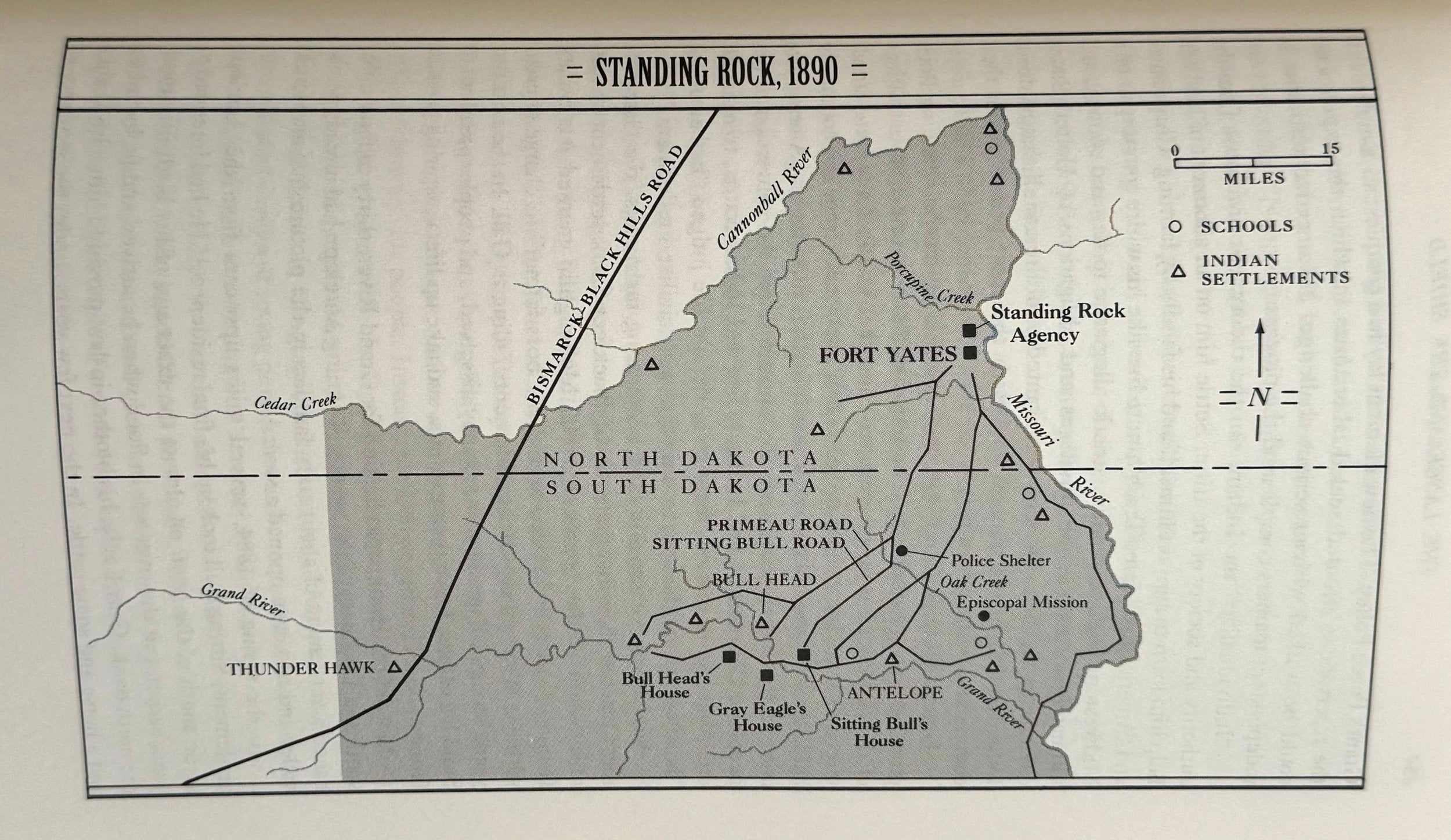 Map of Standing Rock, North Dakota and South Dakota from 1890 showing Fort Yates and Indian settlements.