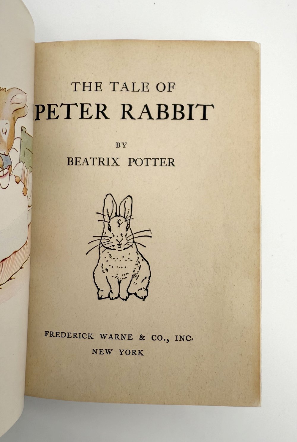 Title page of 'The Tale of Peter Rabbit' by Beatrix Potter with a rabbit illustration.
