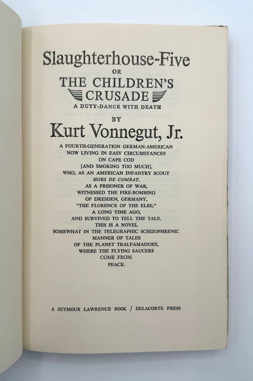 Title page of 'Slaughterhouse-Five' by Kurt Vonnegut, Jr. on a white background