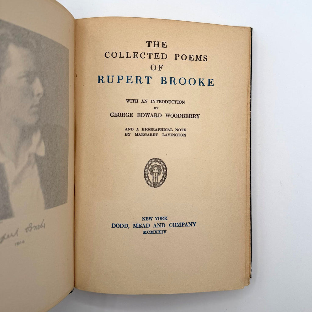 Open book titled 'The Collected Poems of Rupert Brooke' with a portrait on the left page.
