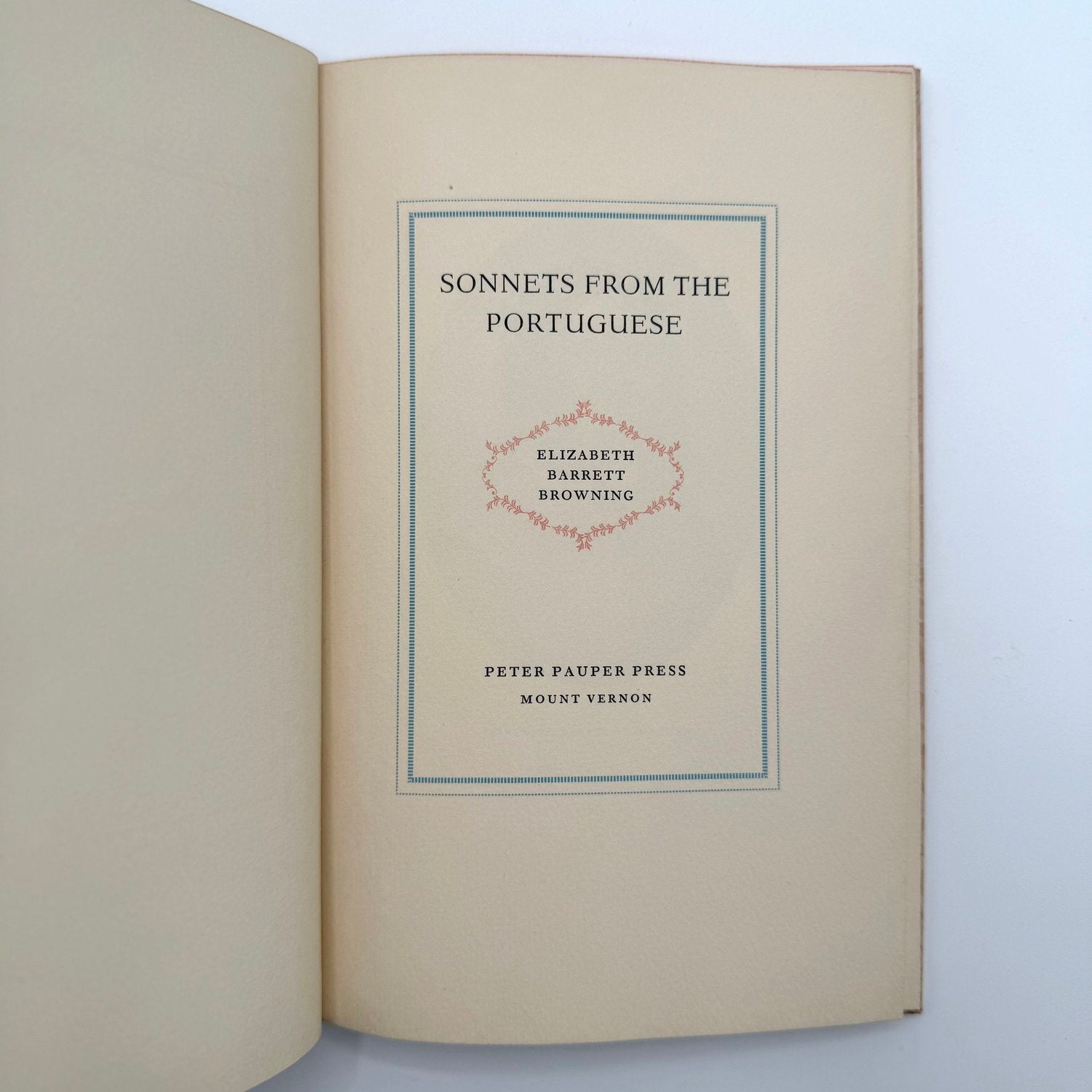 Open book with 'Sonnets from the Portuguese' by Elizabeth Barrett Browning on a light blue background