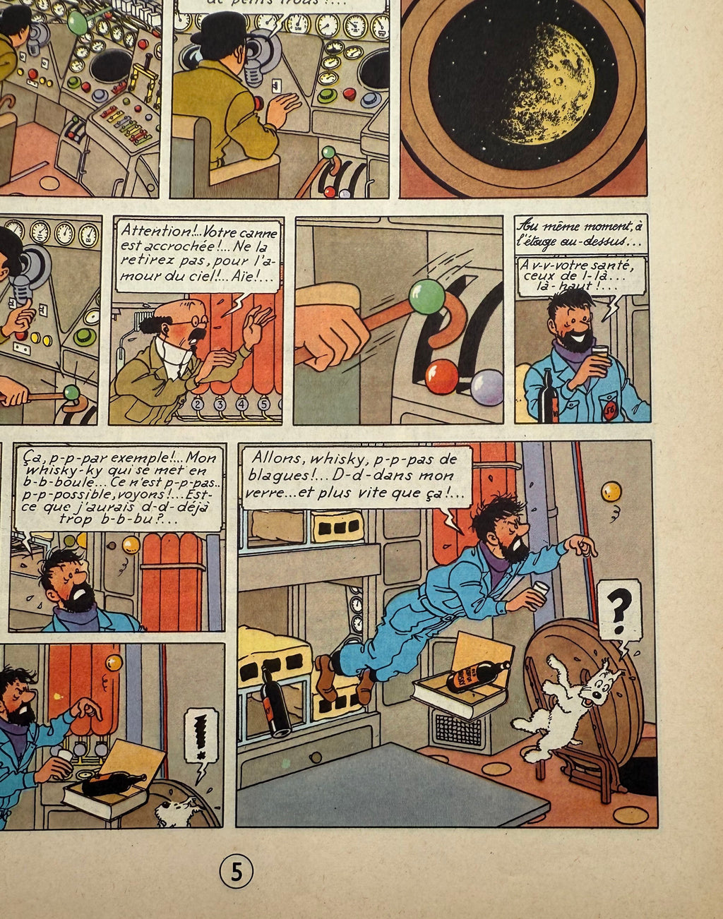 Comic strip with a character in a space-themed room interacting with various objects.