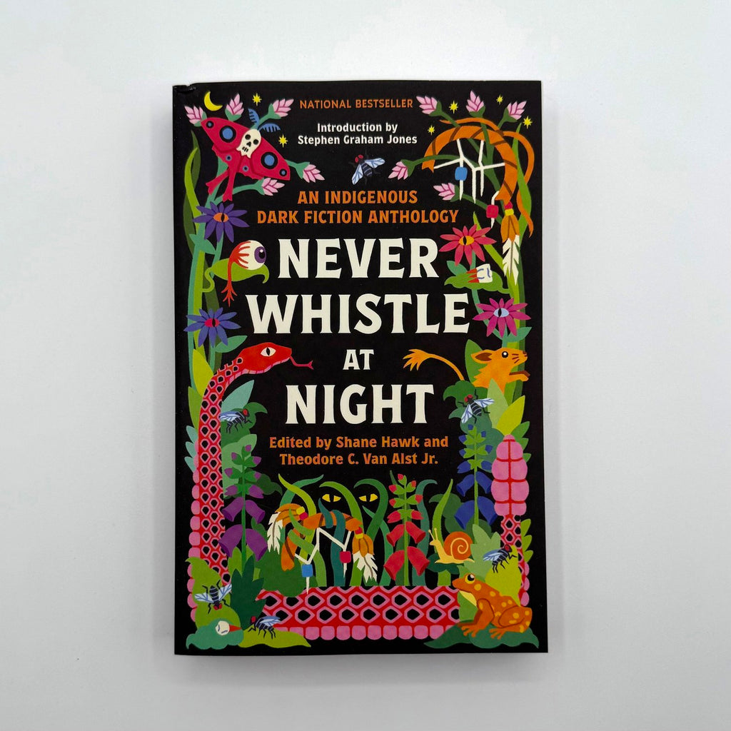 Book cover of 'Never Whistle at Night' with colorful illustrations on a white background
