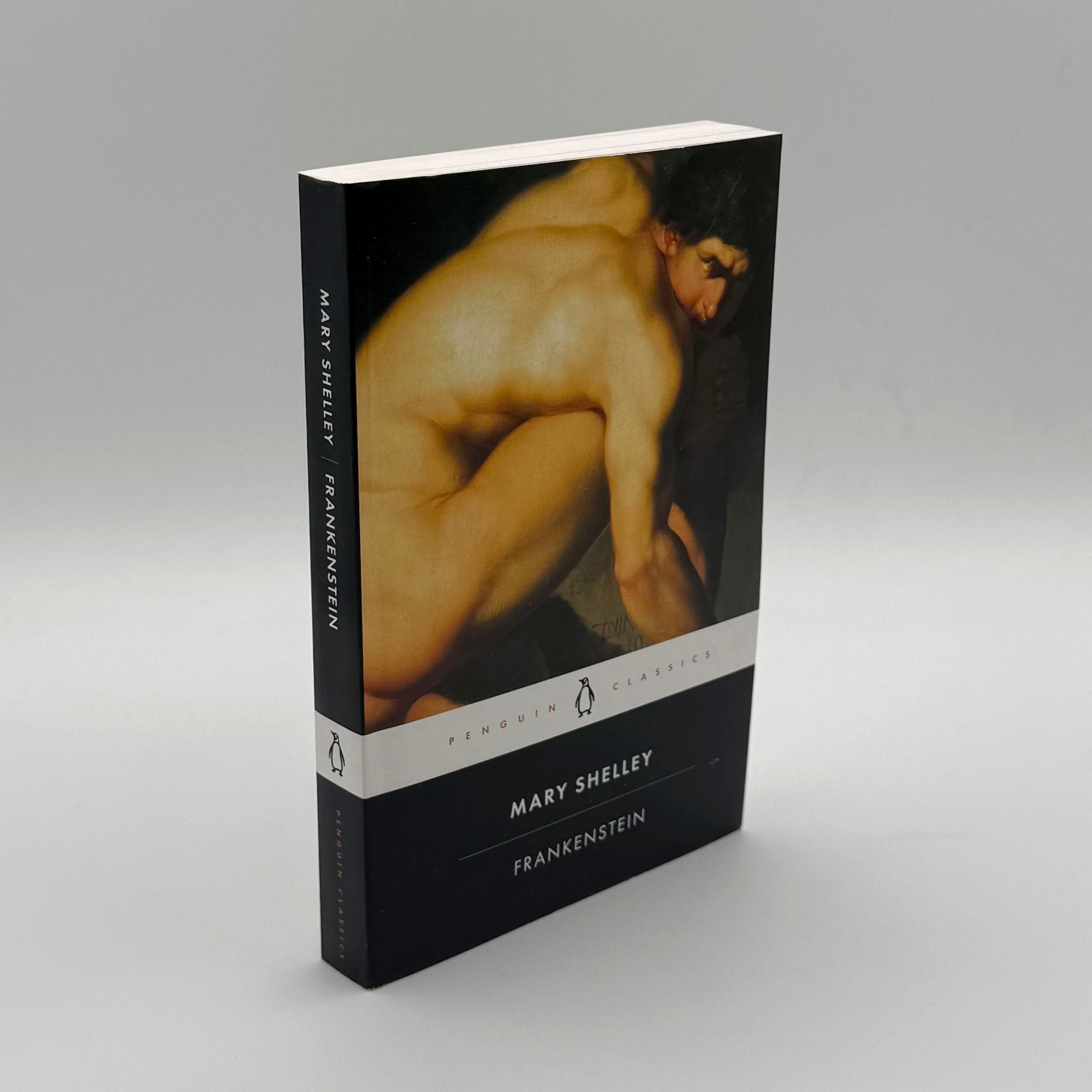 Book cover of 'Frankenstein' by Mary Shelley on a gray background