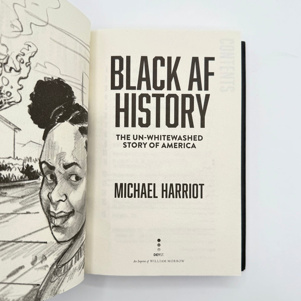 Book titled 'Black AF History' by Michael Harriot with a black and white illustration on a light gray background