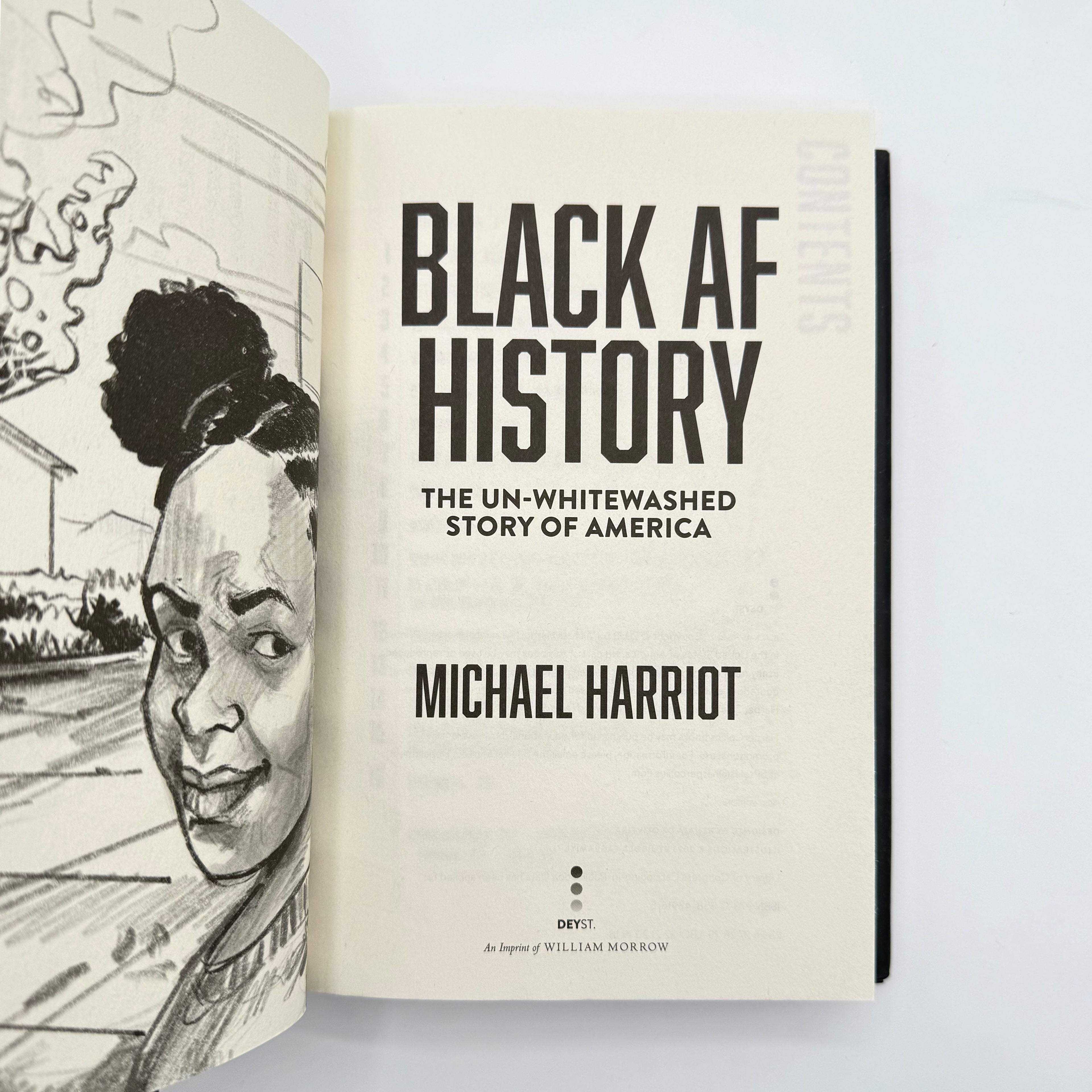 Book titled 'Black AF History' by Michael Harriot with a black and white illustration on a light gray background