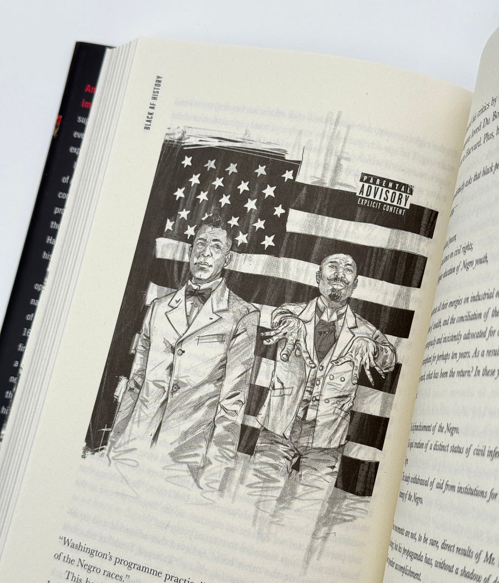 Open book with illustration of two men and an American flag on a white background