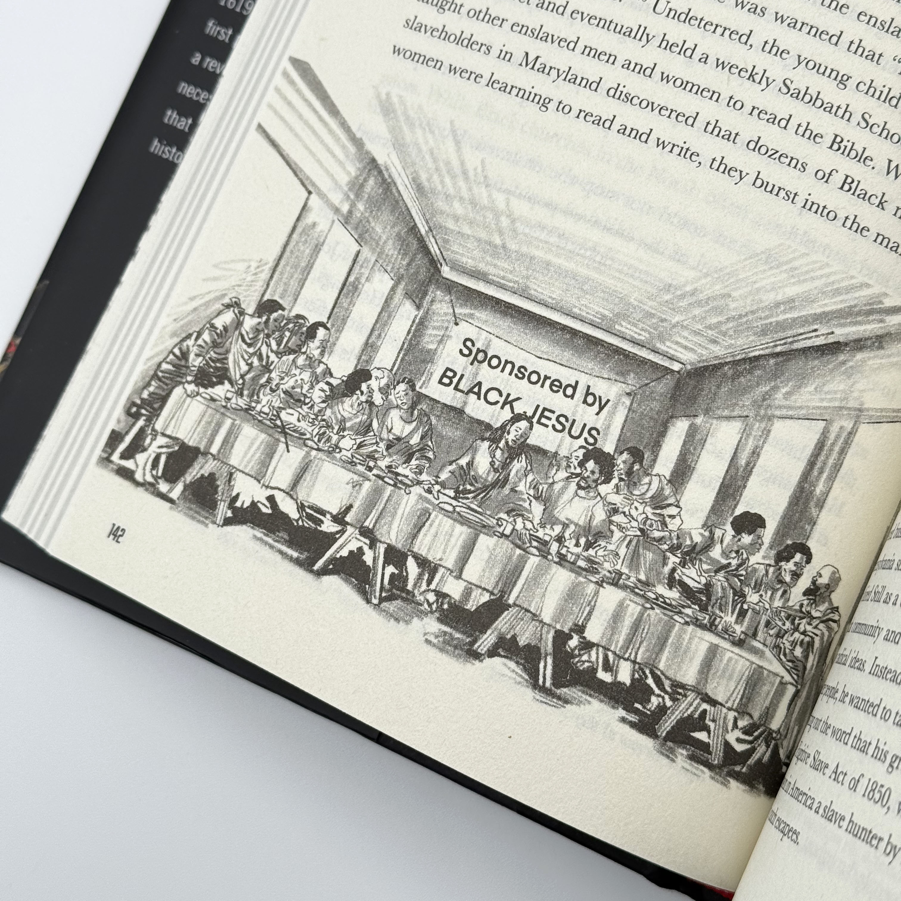 Illustration of 'The Last Supper' with 'Sponsored by BLACK JESUS' text on a book page.