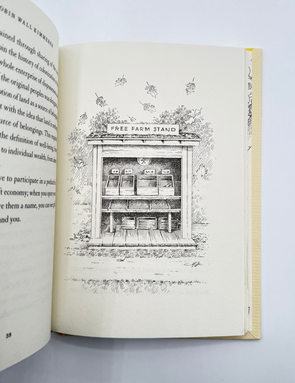 Open book with a black and white illustration of a free farm stand on a white background
