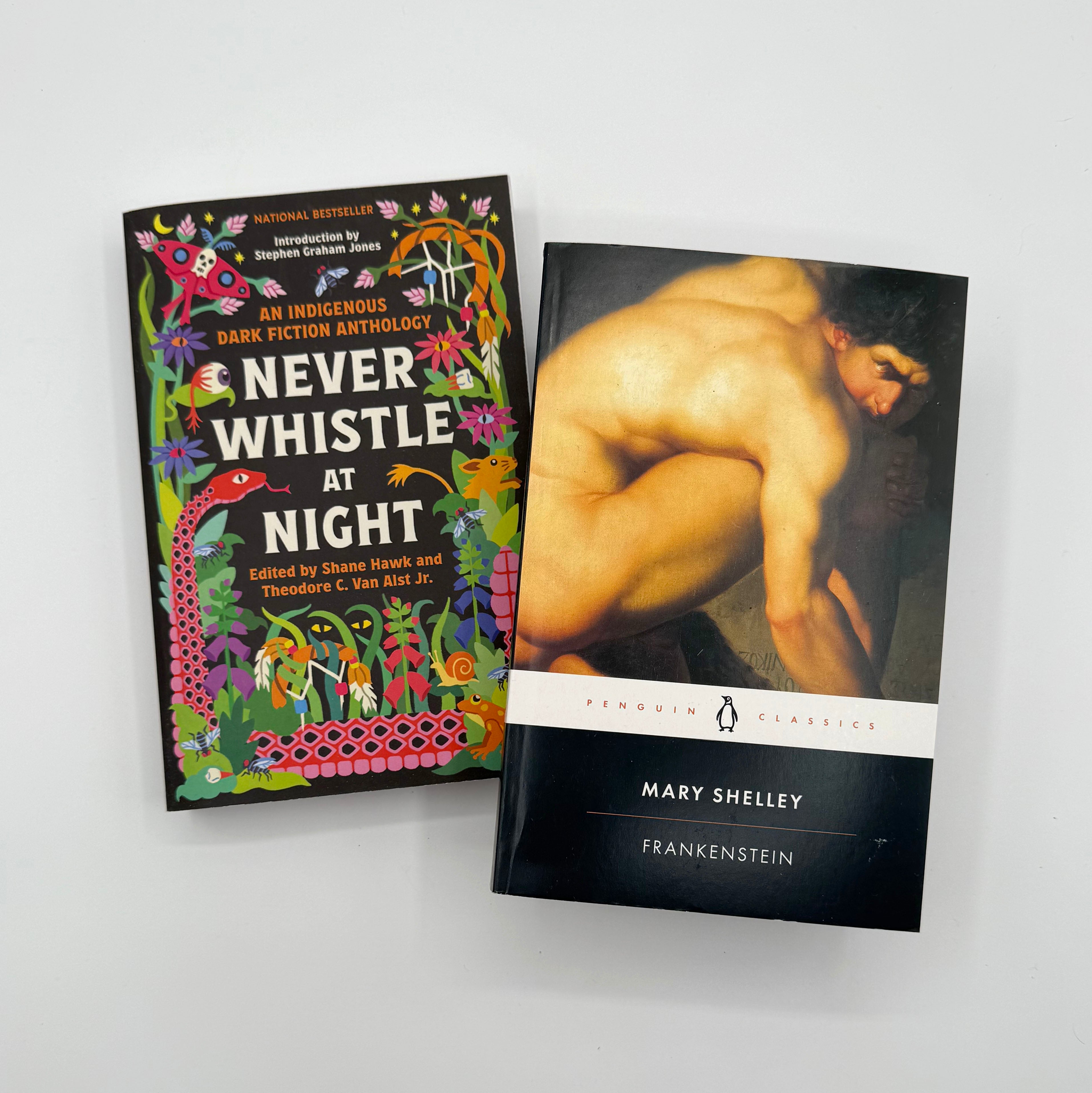 Monsters & Myths book collection featuring Frankenstein and Never Whistle at Night horror anthology