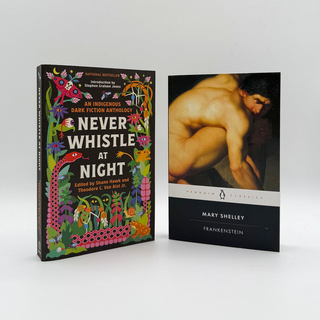 Two books titled 'Never Whistle at Night' and 'Frankenstein' on a white background