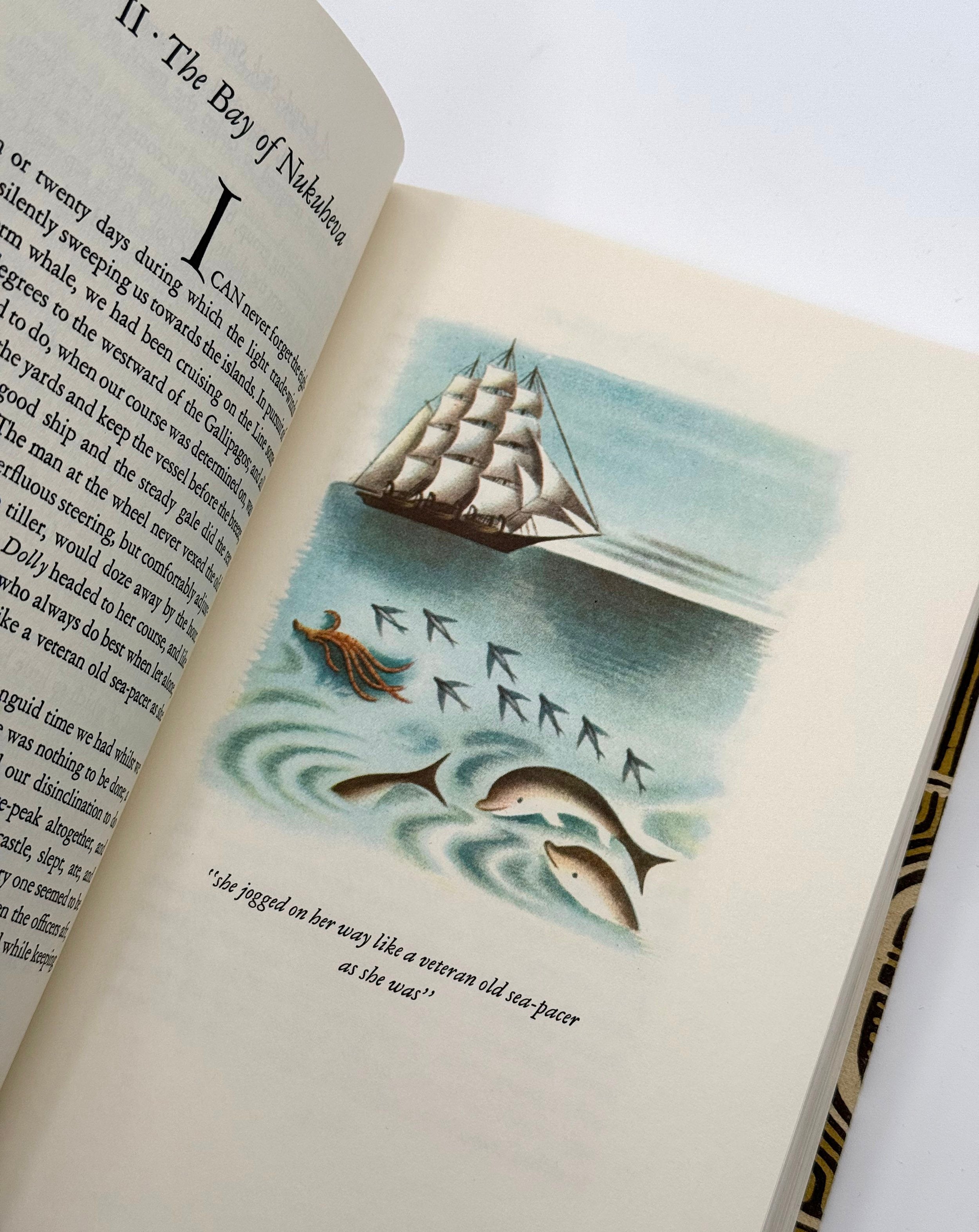 Open book with a illustration of a ship, people, and fish on a white background