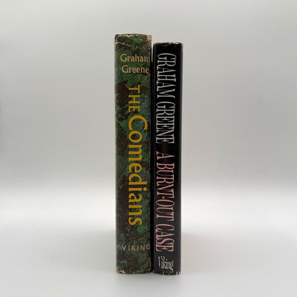 Two books by Graham Greene titled 'The Comedians' and 'A Burnt-Out Case' on a white background.