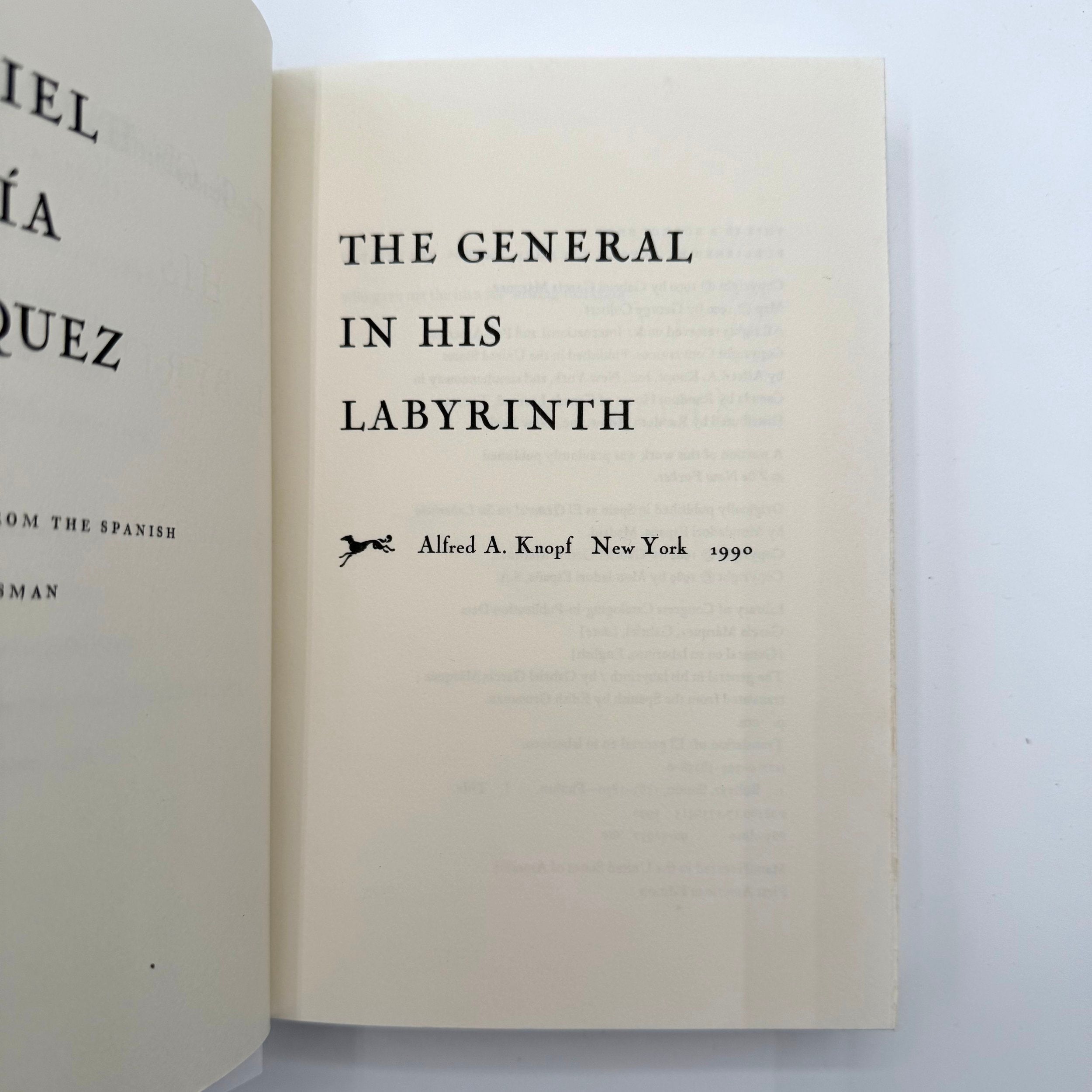 Open book with title 'The General in His Labyrinth' on a white background