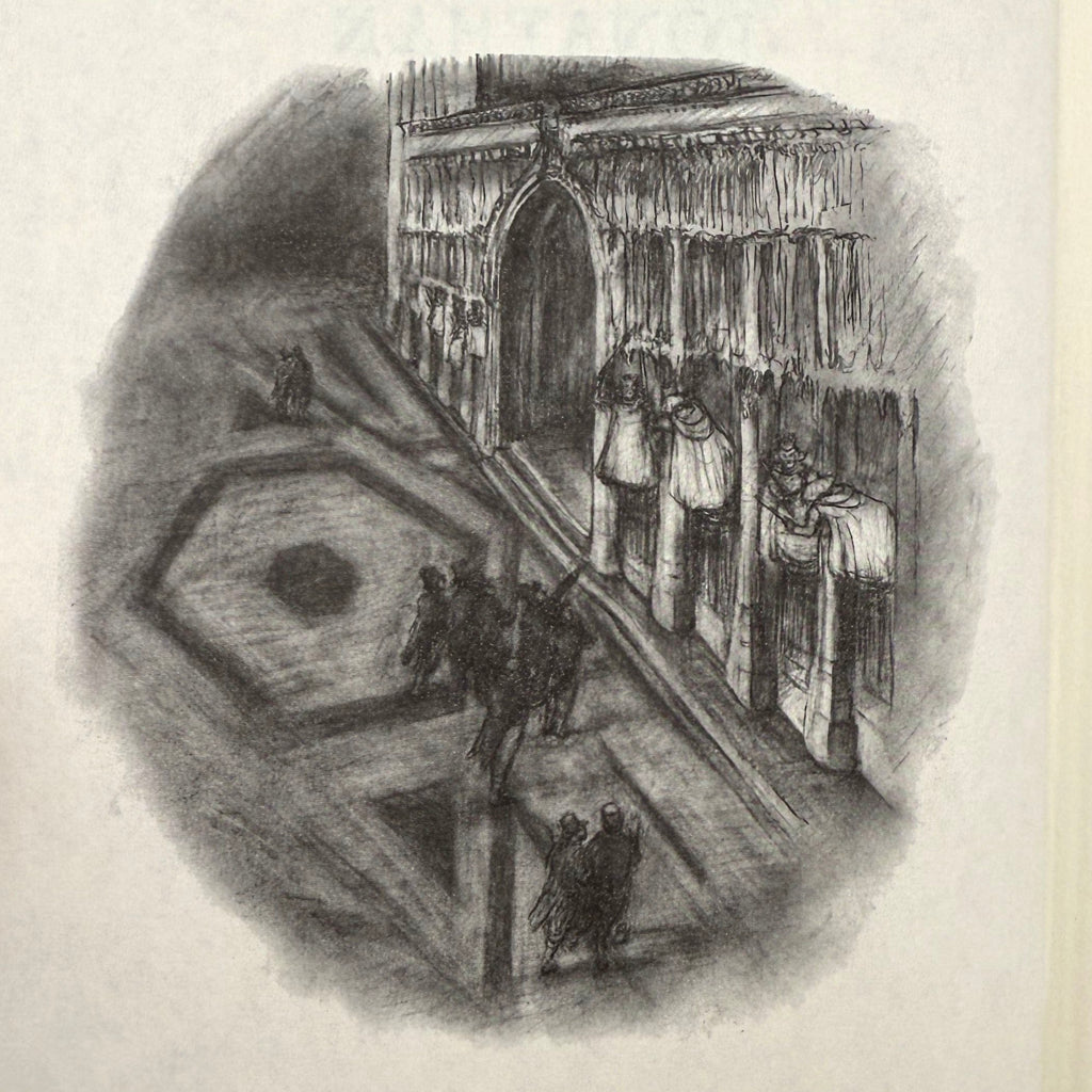 Black and white illustration of a room with people and furniture