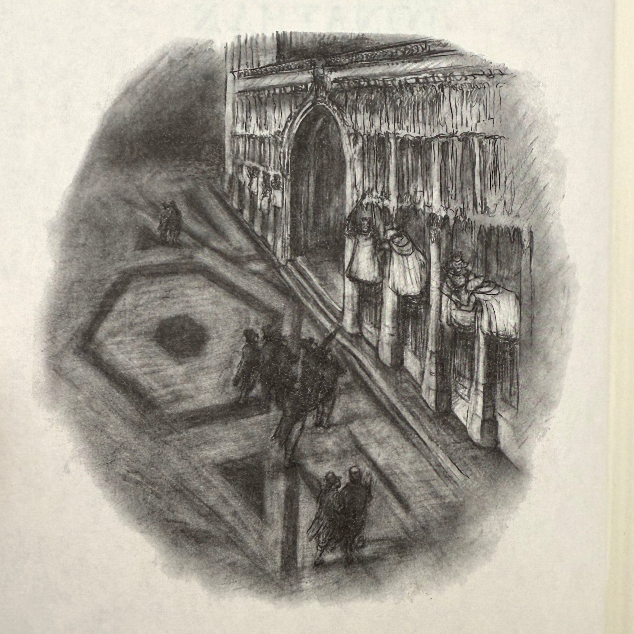 Black and white illustration of a room with people and furniture