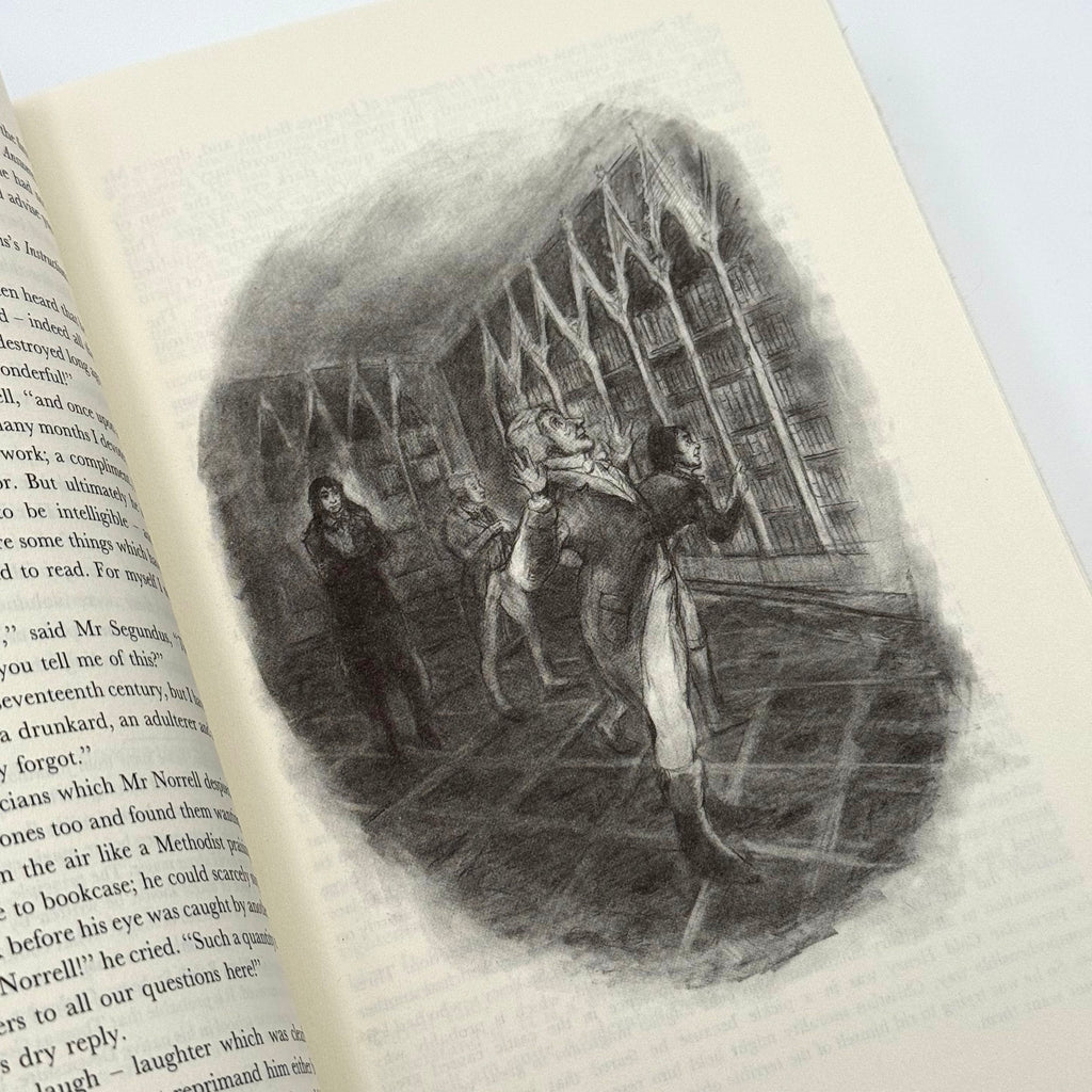 Illustration of a person in a library on an open book