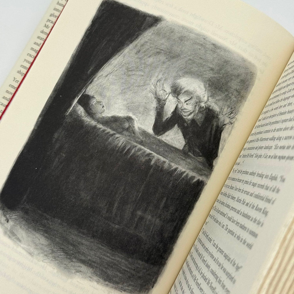 Illustration of a man in a suit looking at a woman in a dark room on an open book.