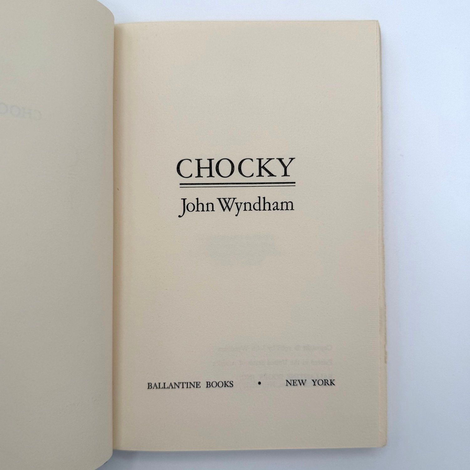 Book titled 'Chocky' by John Wyndham with Ballantine Books branding on a white background