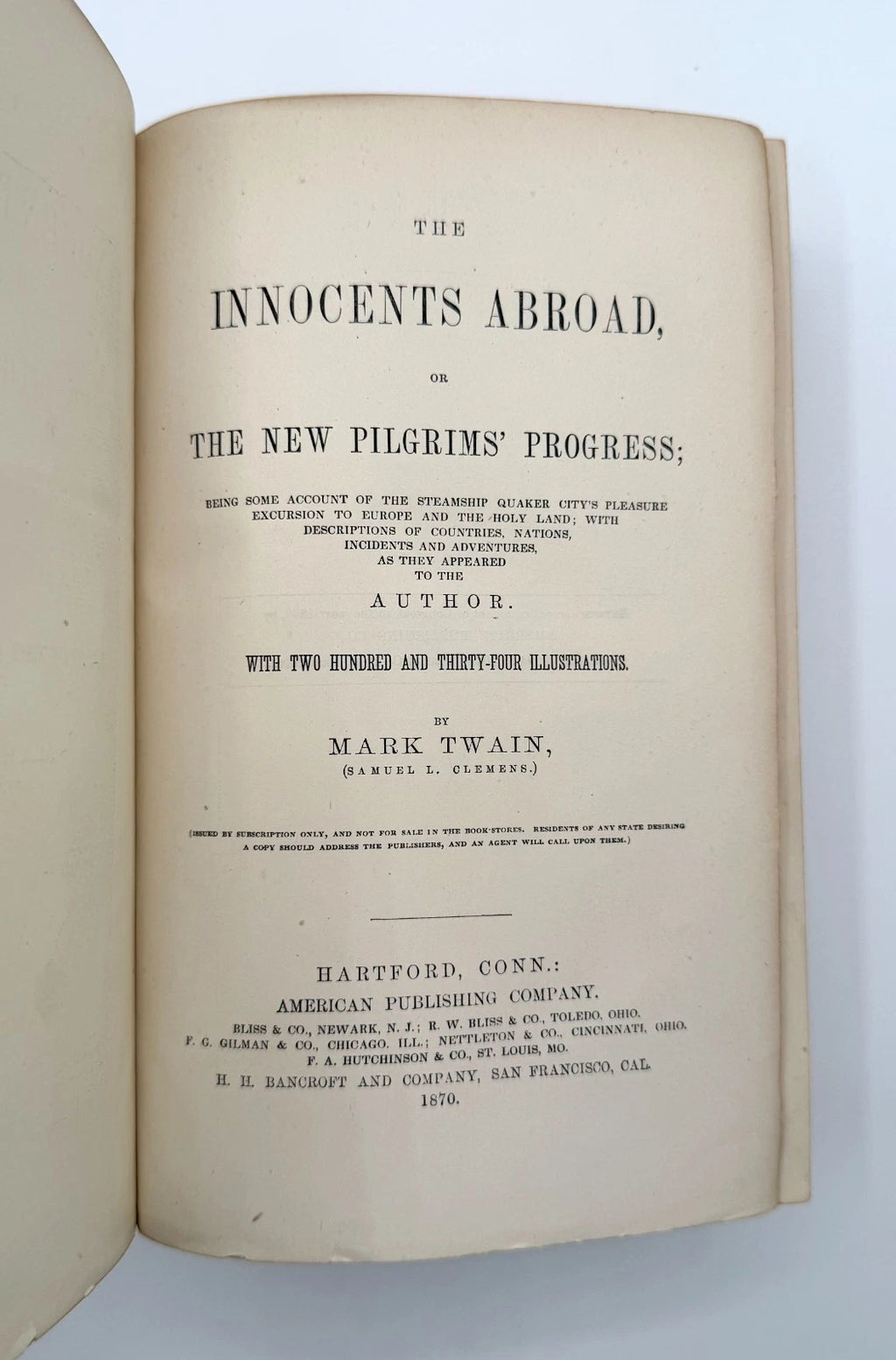 Open book showing the title page of 'The Innocents Abroad' by Mark Twain on a white background.