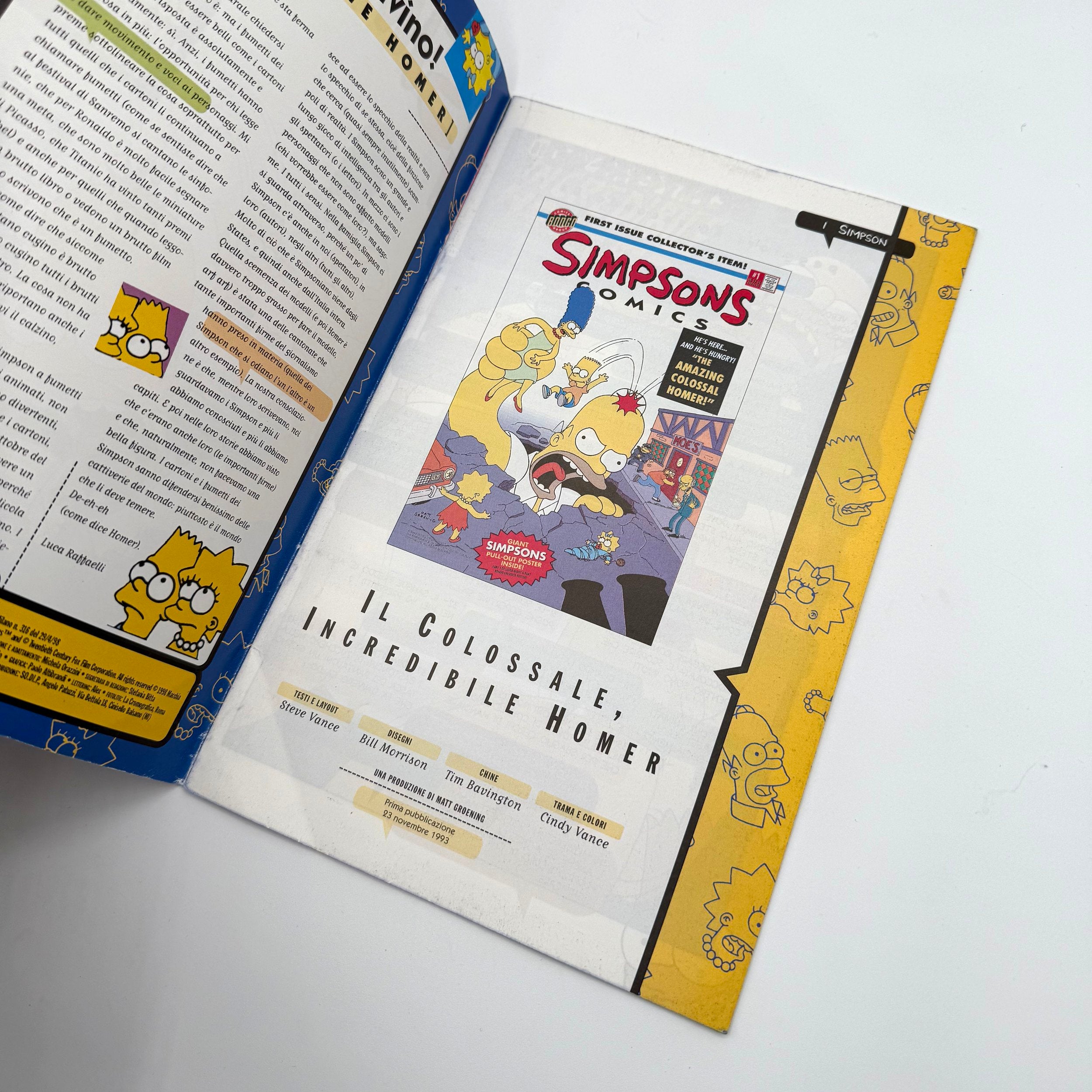 Open comic book with Simpsons comic book cover and text on a white background