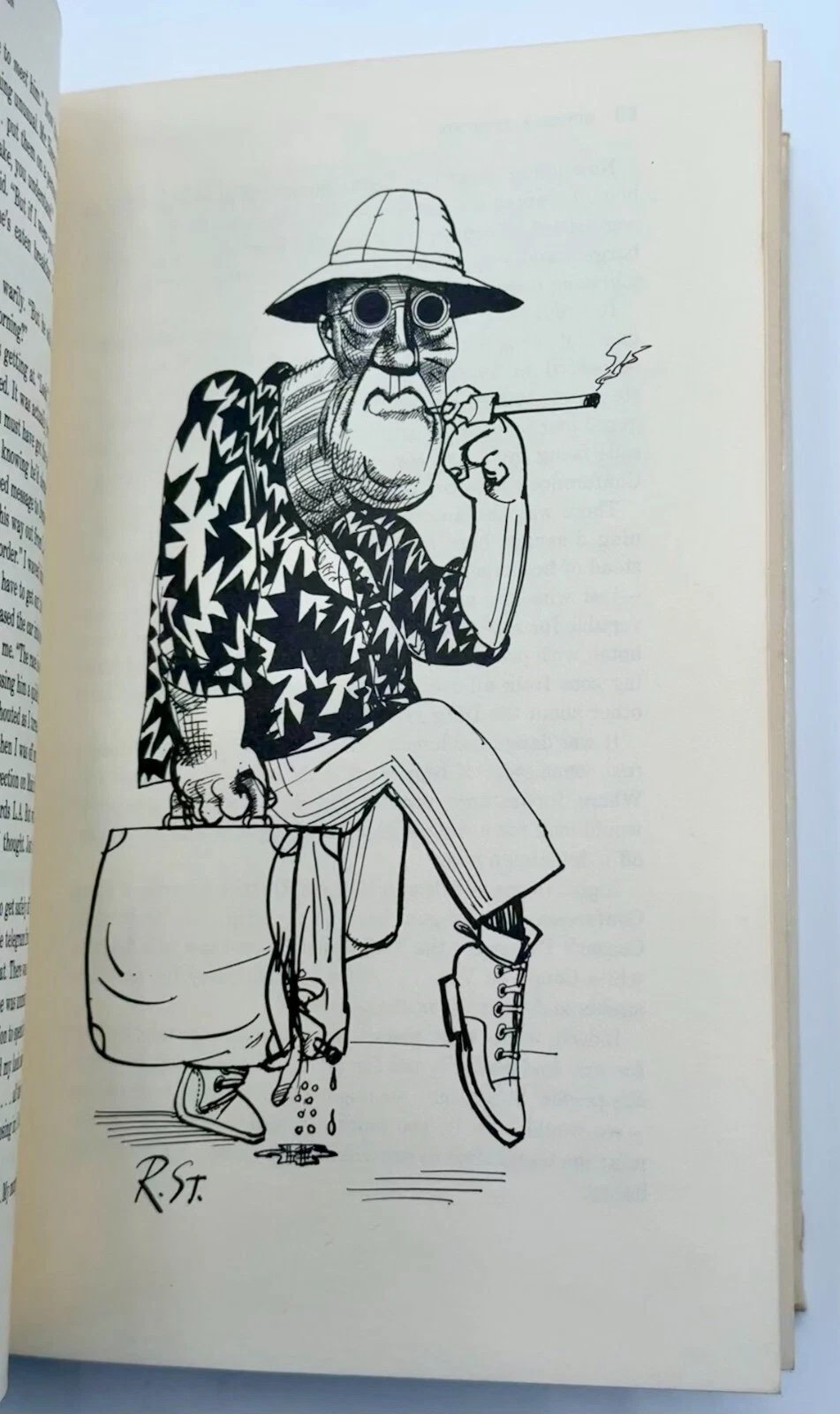 Illustration of a person smoking a cigar on an open book