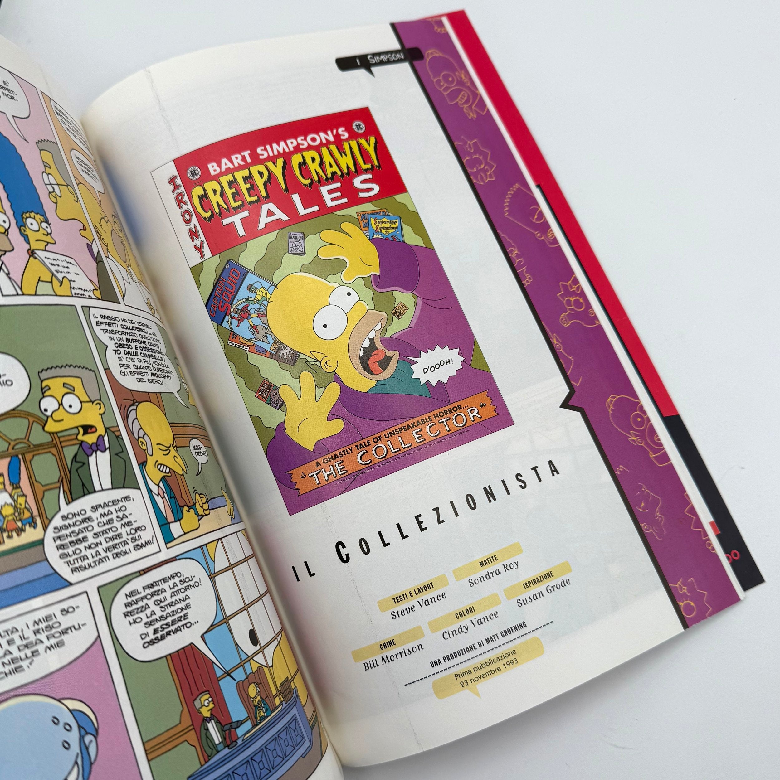 Open comic book featuring Bart Simpson with a cover titled 'Creepy Crawly Tales' on a white background.