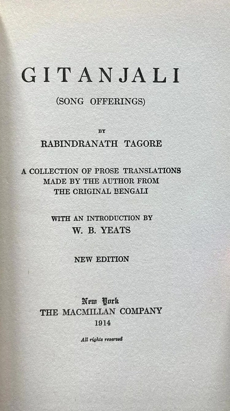 Title page of 'Gitanjali' by Rabindranath Tagore with text details.