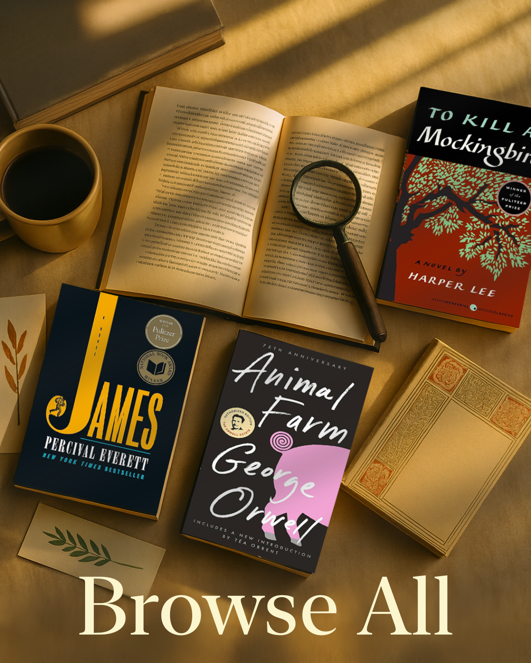 Open book with a magnifying glass, coffee cup, and books on a wooden surface.