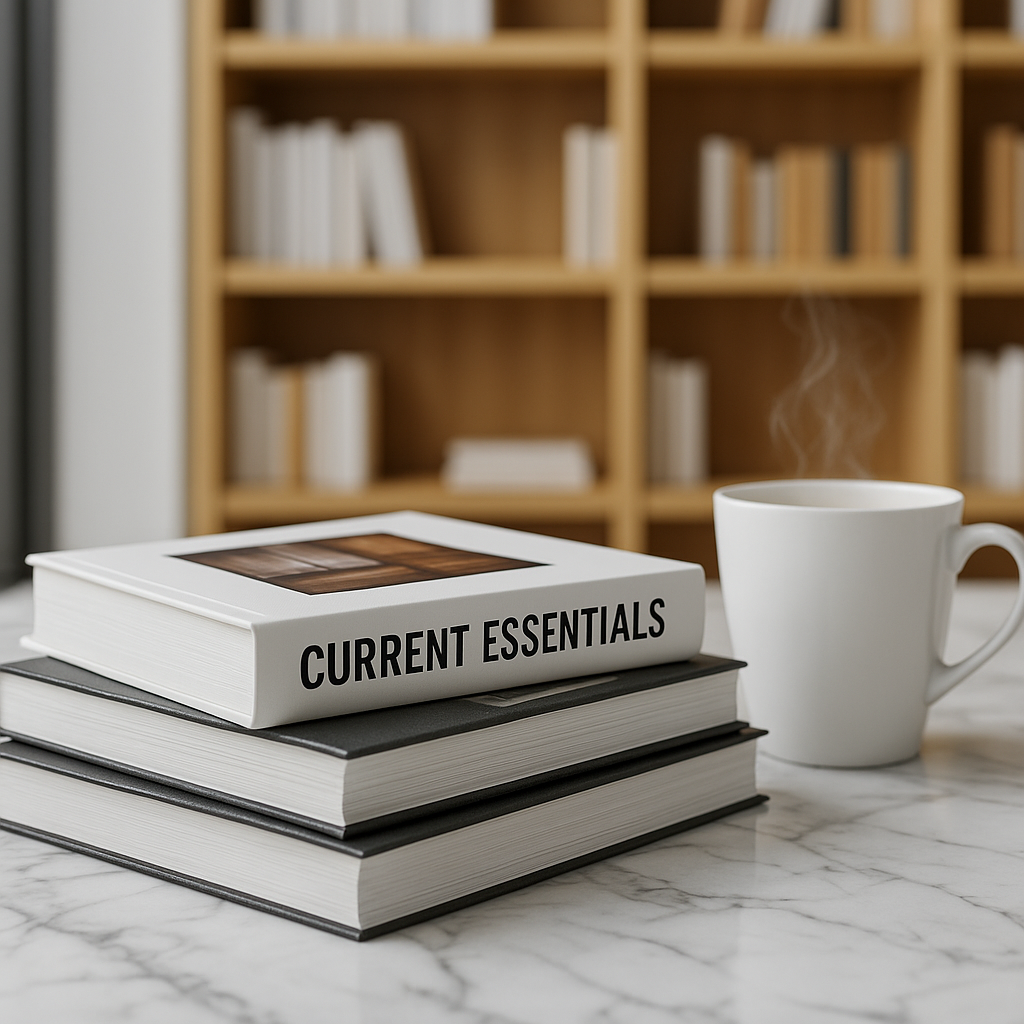 Stack of books titled 'CURRENT ESSENTIALS' on a marble surface with a coffee cup and bookshelf in the background.