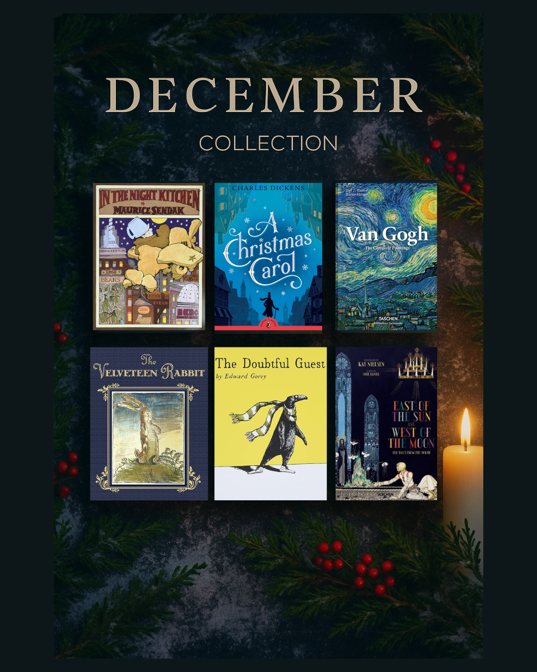 Promotional image for a 'December Collection' featuring book covers with a candle and festive elements.