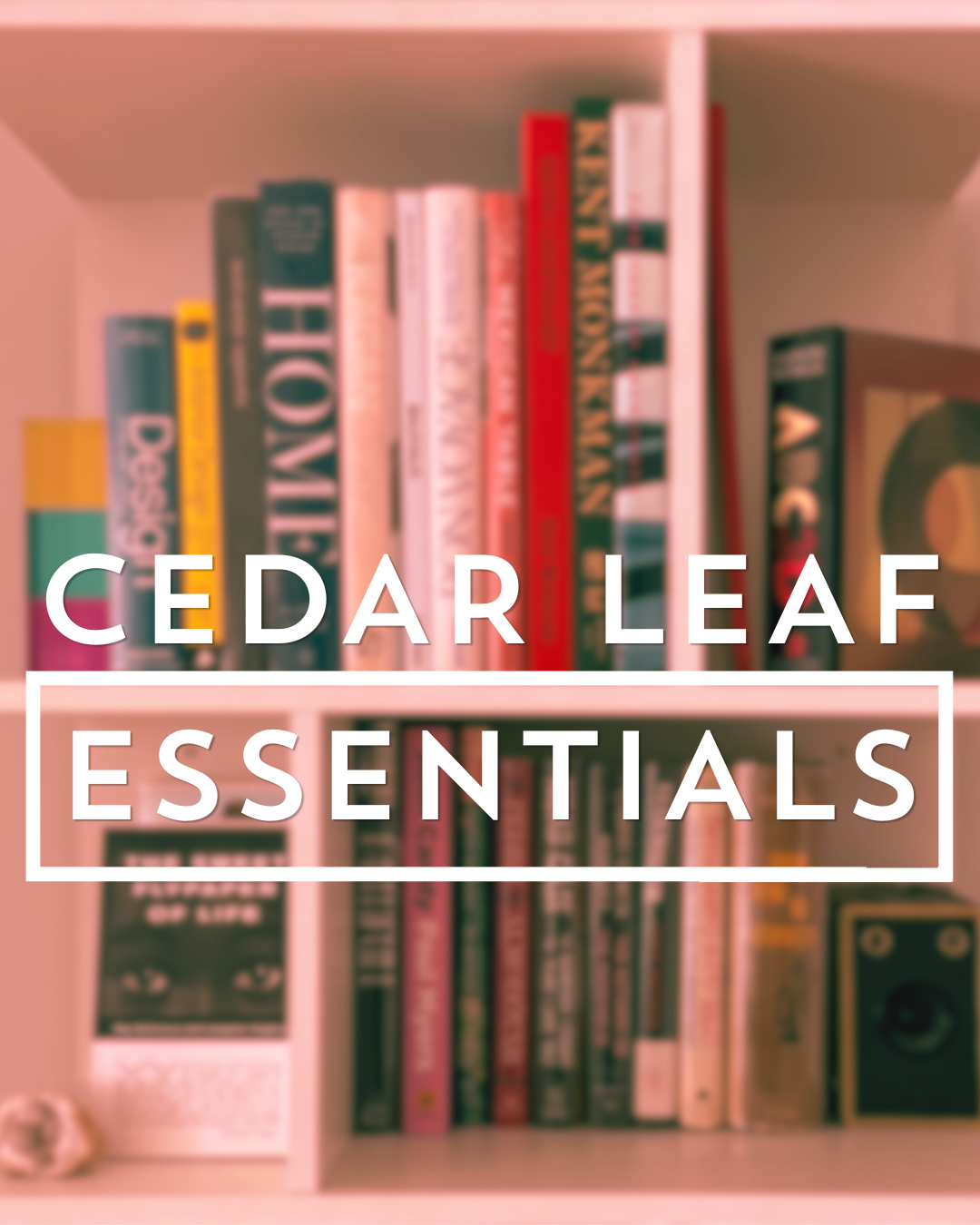 A blurred bookshelf scene with a large white text overlay reading 'CEDAR LEAF ESSENTIALS'. Visible books in the background include titles such as 'How to' and 'The Art of.