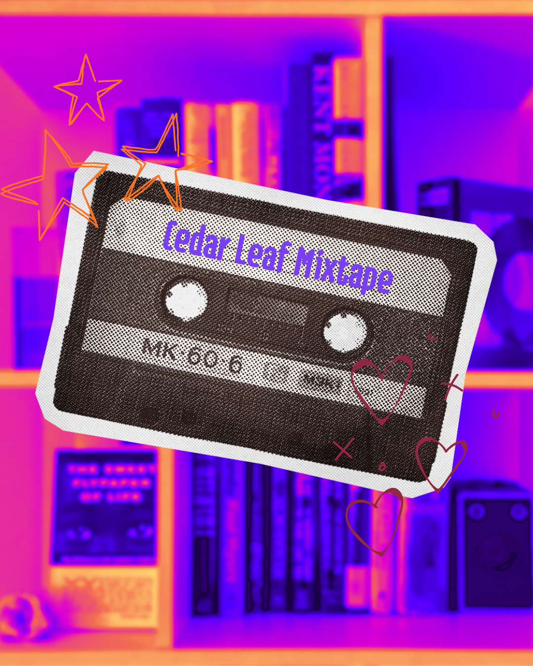 A stylized cassette tape graphic labeled 'Cedar Leaf Mixtape' floating over a purple and orange shelving background with decorative star and heart doodles.