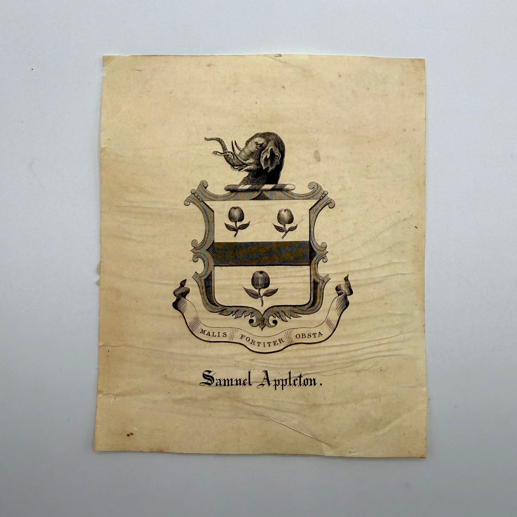 Vintage paper with a coat of arms and text on a gray background