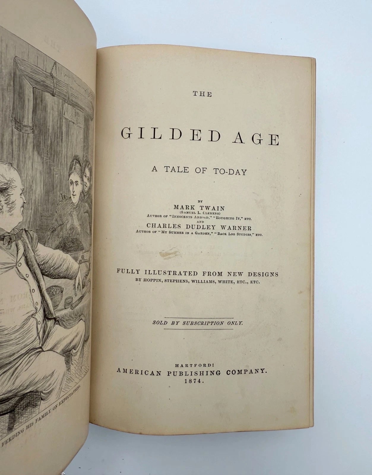 Open book titled 'The Gilded Age' with illustrations on a light blue background