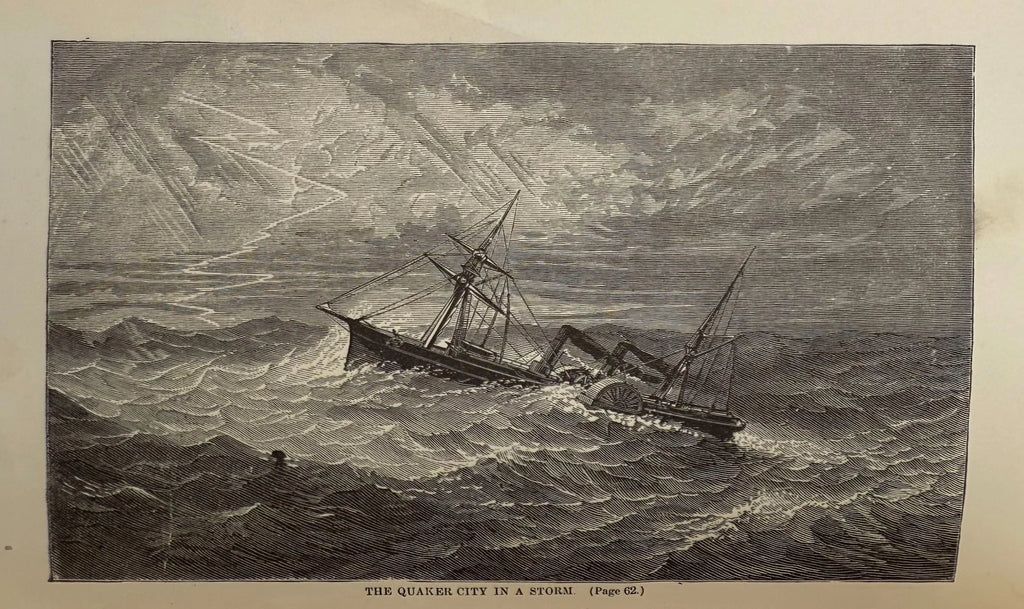 Vintage illustration of a ship in distress on rough seas with a stormy sky.