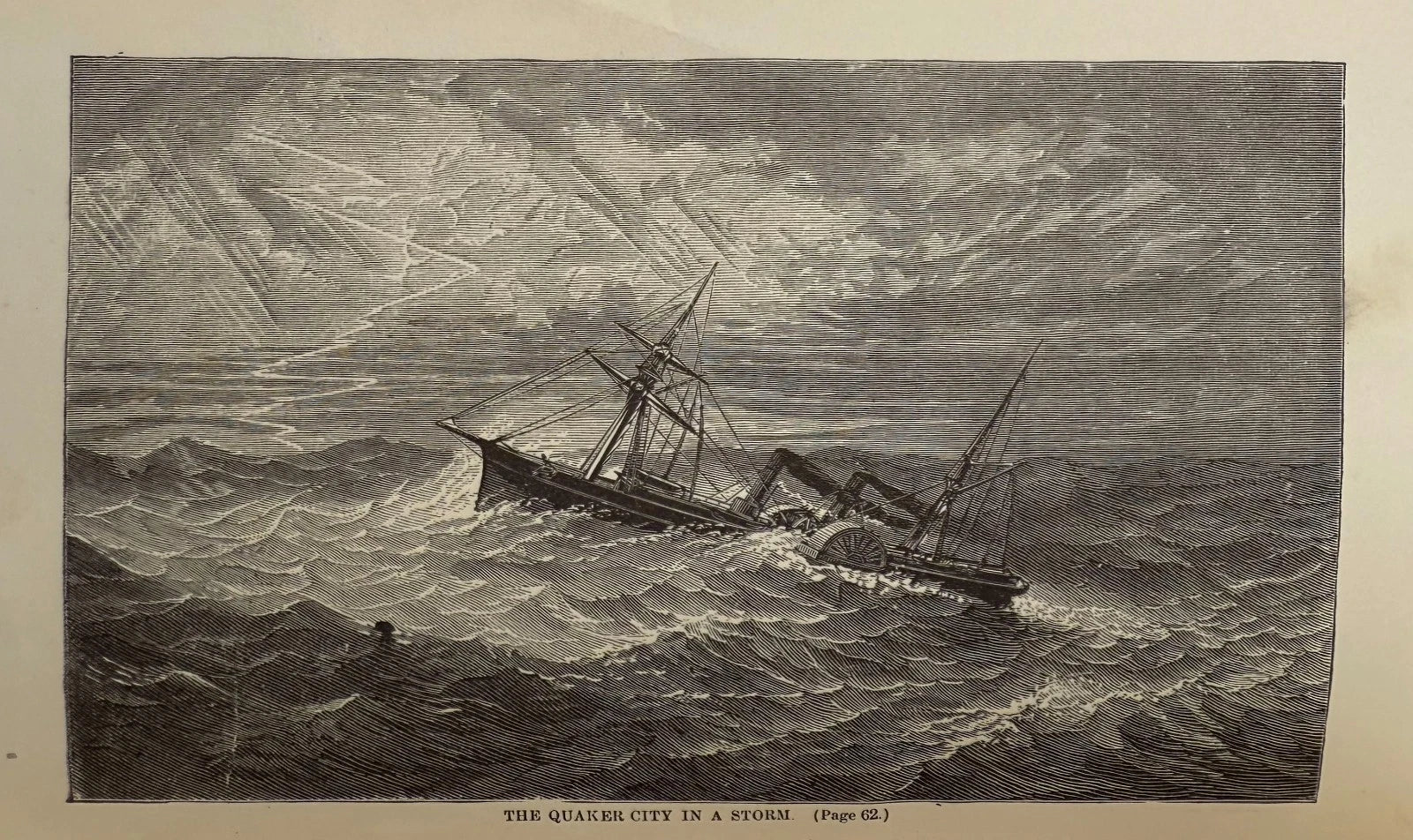 Vintage illustration of a ship in distress on rough seas with a stormy sky.