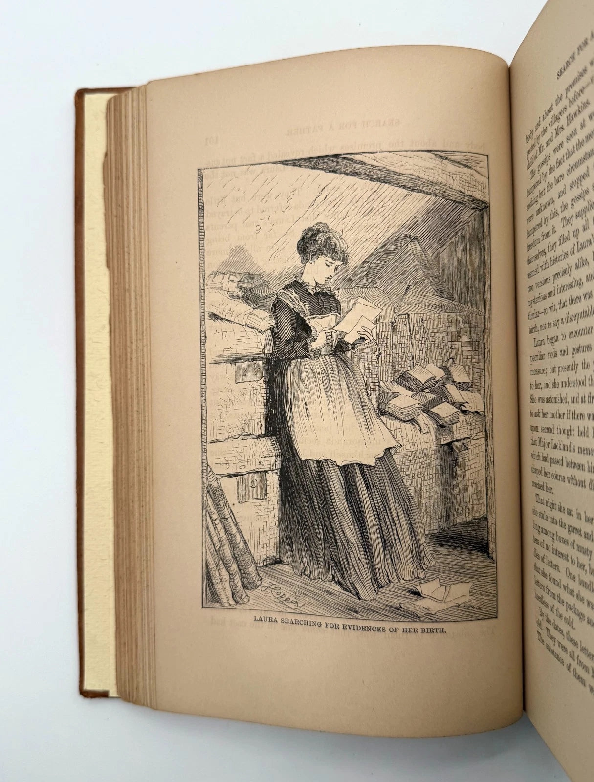 Open book with an illustration of a woman in a room on a light blue background