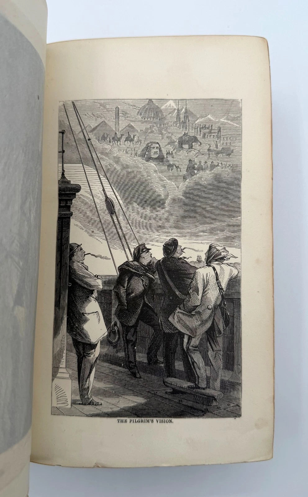 Vintage illustration of people on a balcony with a cityscape in the background