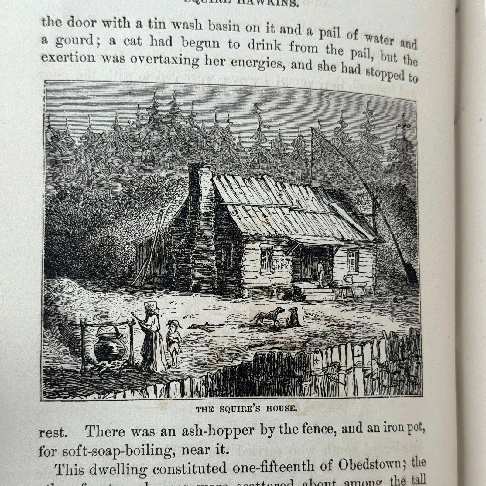 Illustration of a cabin in the woods with text overlay