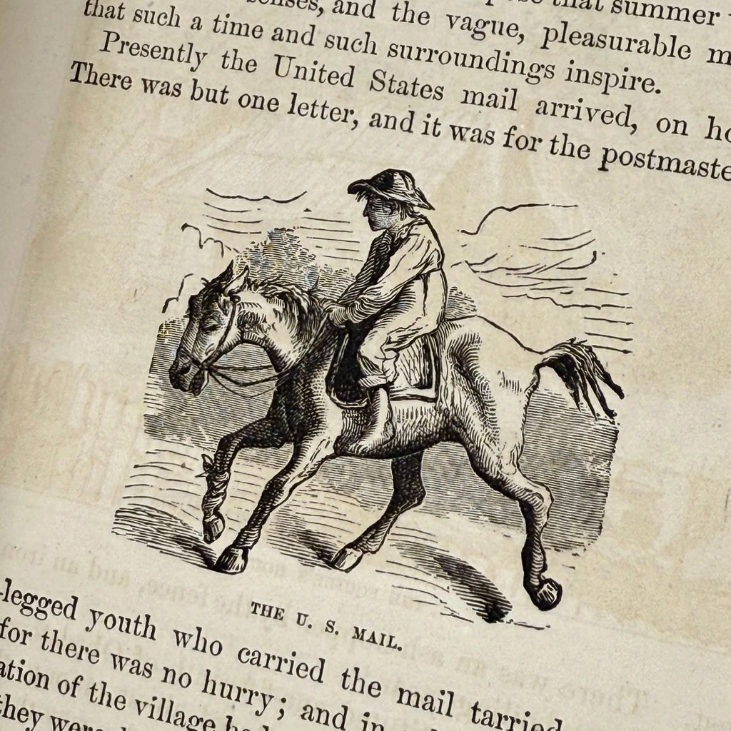 Illustration of a person on horseback with text on an aged paper background
