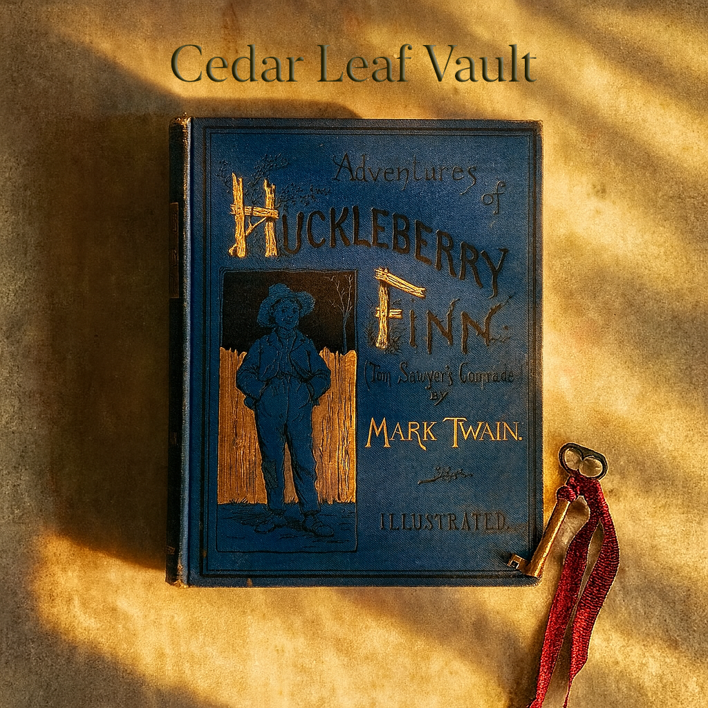 Vintage book titled 'Adventures of Huckleberry Finn' by Mark Twain with a key on a textured surface.